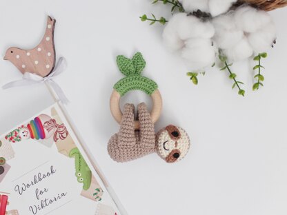 Sloth crochet pattern animal baby rattle teether toy Amigurumi pattern for newborn