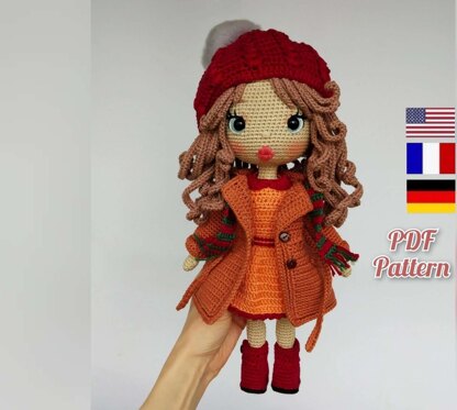 Crochet pattern doll Astrid in romantic outfit, Amigurumi doll pattern in English, Français and Deutsch