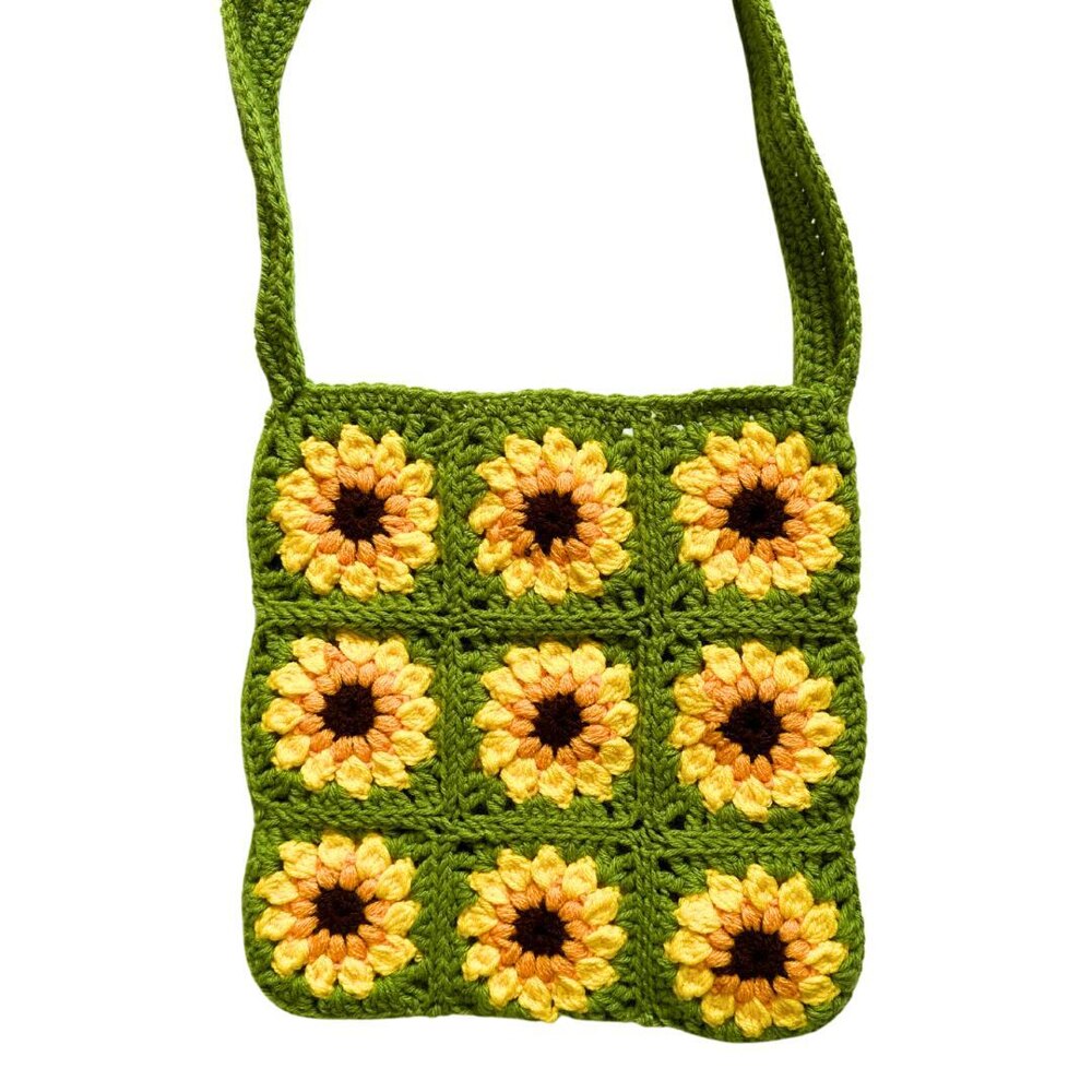 Green Sunflower Crochet Square Crossbody Bag