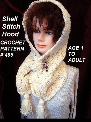 495 Crochet pattern, Shell Stitch Hood