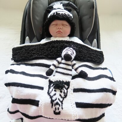 Zebra Baby Car Seat Blanket with separate Hat & Toy