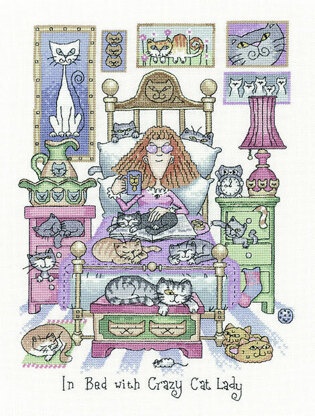 Heritage In Bed with Crazy Cat Lady, 28 count Evenweave Cross Stitch Kit - 22cm x 30cm