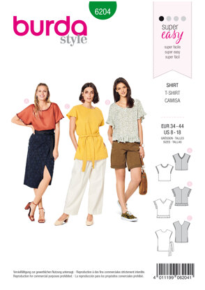 Burda Style Misses' Blouse Shirt – Over-cut Shoulders, V-neck in Front or Back B6204 - Paper Pattern, Size 8-18