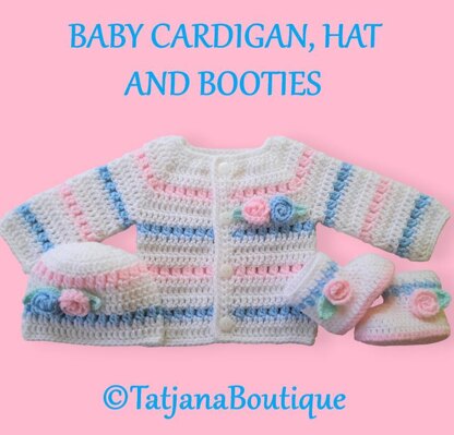 Baby Girl Cardigan, Hat and Booties.