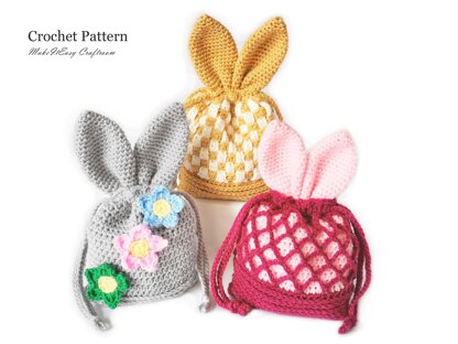 Easter bunny bag with ears Crochet pouch Easter gift Mesh bag Woven bag Easter egg hunt project