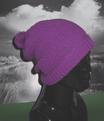 Rib Cuff Moss Stitch (Seed Stitch) Bobble Slouch Hat