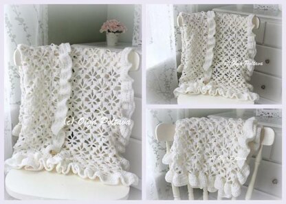 White Spider Lace Baby Blanket With Ruffled Trim