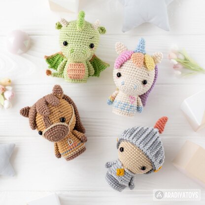 Mini Amigurumi Crochet Pattern Toys Set Unicorn Knight Dragon Horse Crochet Animal Pattern Mini Kingdom by AradiyaToys (Olka Novytska) Tutorial PDF File DIY