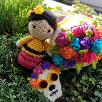 Carmencita and Dia de los Muertos Flower Skull crochet Amigurumi doll