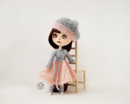 Pink and gray outfit for doll knitted flat