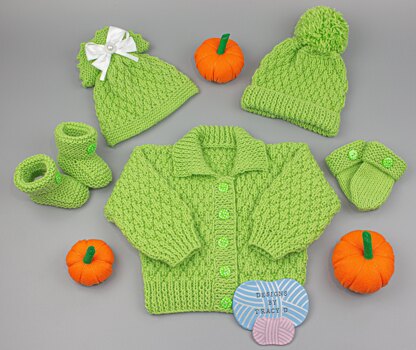 Willow baby cardigan, hats, booties & mitts
