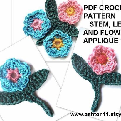 Leaf Stem and Flower Applique - Crochet Pattern  by Ashton11