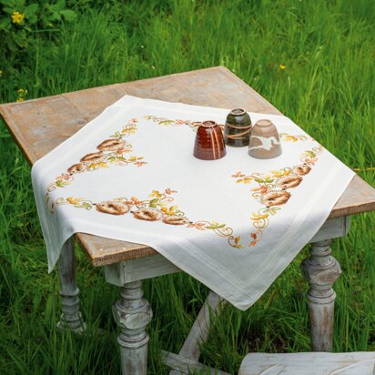 Vervaco Hedgehogs And Autumn Leaves Tablecloth Printed Embroidery Kit - 80 x 80 cm
