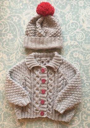 Cable cardigan and matching hat