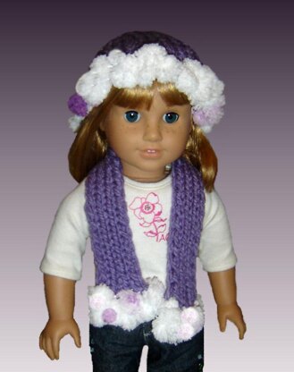 PomPom hat and scarf, fits 18 inch, American Girl Doll 105