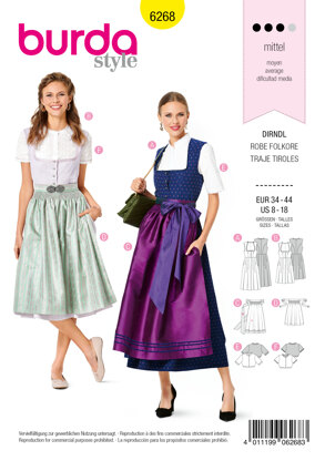 Burda Style Misses' Jumper Dress in Dirndl-Style, Blouse and Apron B6268 - Paper Pattern, Size 8-18