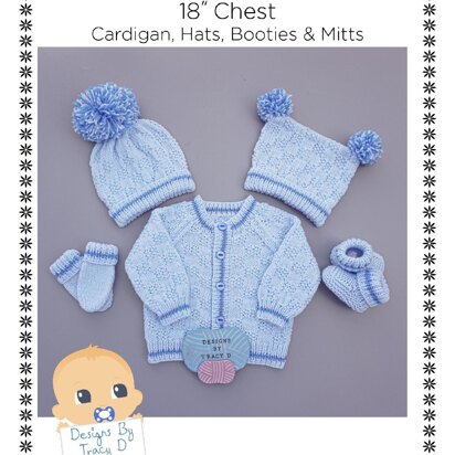 Max Unisex Cardigan, Hats, Mitts & Booties 18 inch chest size.