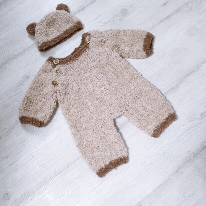 Baby bear boucle raglan romper & hat pdf knitting pattern, 0-12 months