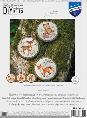 Vervaco Miniature Forest Animals Set Of 3 Cross Stitch Kit - 10cm X 10cm/4in X 4in