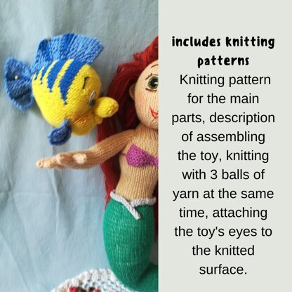 Knitting pattern for the Flounder toy, soft toy fish based on the Little Mermaid