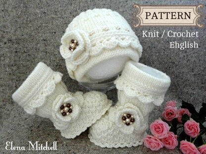 Knitting PATTERN Baby Shoes and Cap Baby Set with Crochet Edging