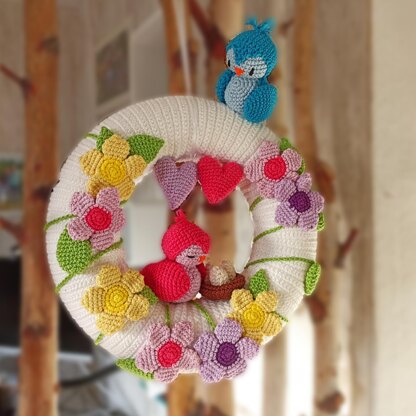 Crochet door wreath with flowers for spring