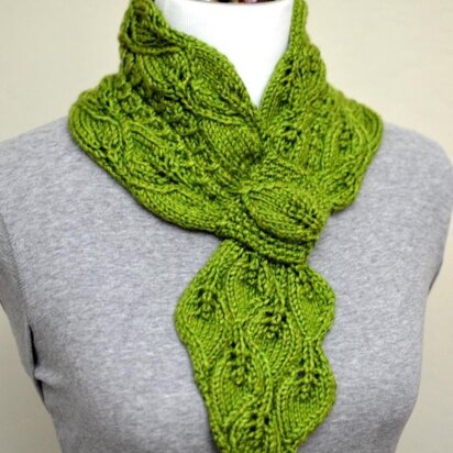 Leaves & Mock Cables Scarf ( Keyhole / Ascot / Pull-Through / Vintage / Stay On Scarf Knitting Pattern ) - knitting pattern