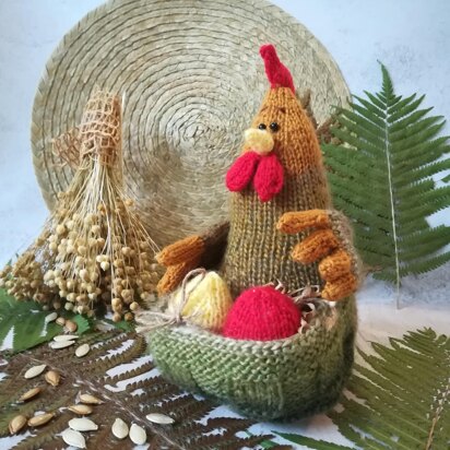 Toy knitting patterns, rustic chicken toy pattern, Easter amigurumi, knitted chicken with egg basket
