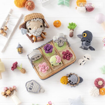4-in-1 halloween night crochet pattern graveyard amigurumi tutorial mini kingdom DIY raven spider zombie howto digital PDF file by AradiyaToys (Olka Novytska)
