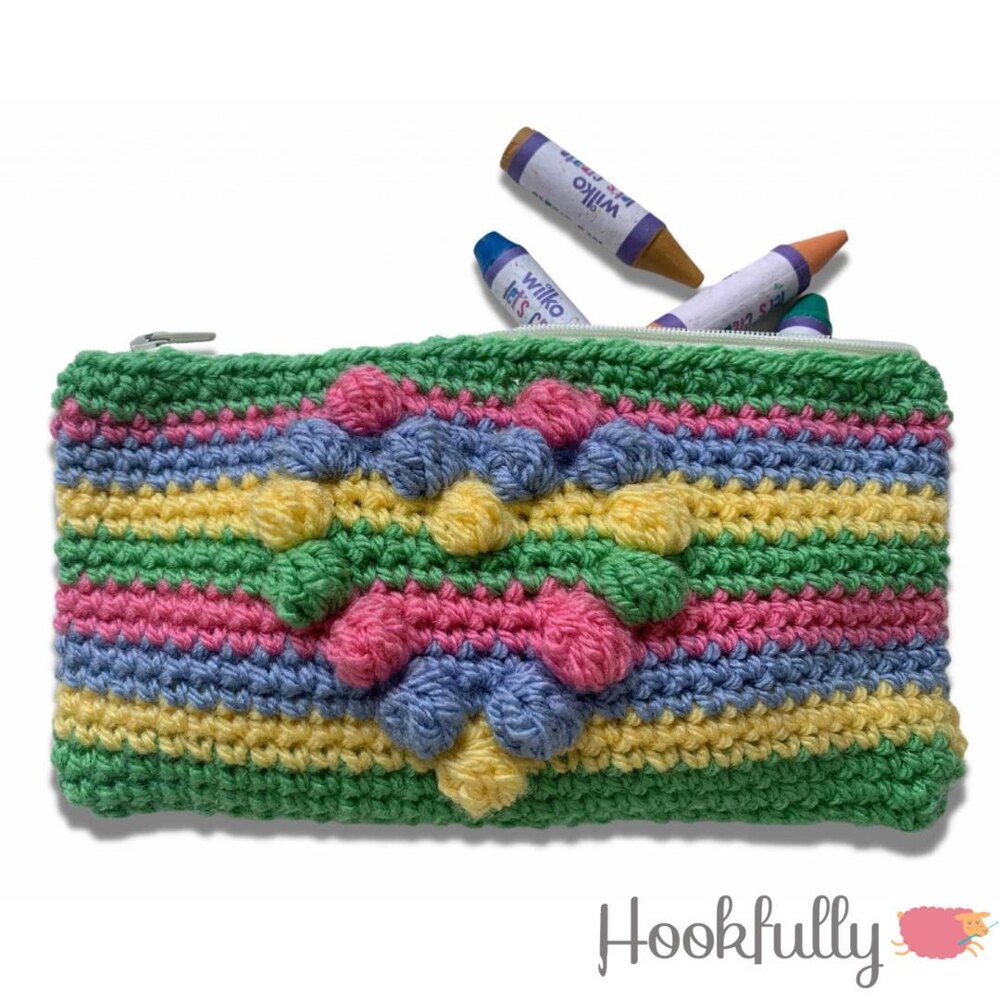 Bobble burst heart pencil case Crochet pattern by Hookfully