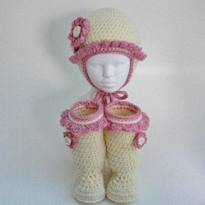 Baby Girl Frilly Ear Flap Hat and Boots 100G