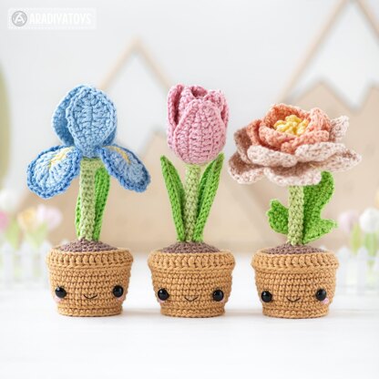 Flower crochet pattern amigurumi bouquet iris, peony, tulip, flowers in pots pattern ladybug kawaii secret garden gnome (Tutorial PDF file) by AradiyaToys (Olka Novytska) Mini Kingdom