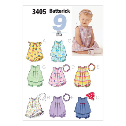 Butterick Kleinkinderkleid, Oberteil, Strampler, Höschen, Mütze und Stirnband B3405 - Schnittmuster