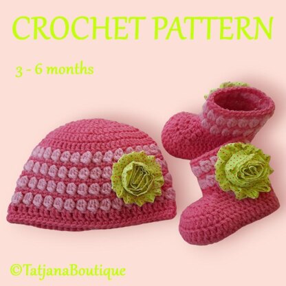 Baby Hat and Booties with Flowers