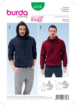 Burda Men's Pullover Hoodie Sewing Pattern B6718 - Paper Pattern, Size 36-46
