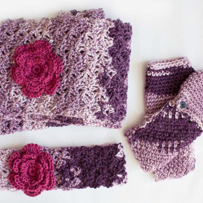 Cozy Posy Headband, Fingerless Gloves and Scarf Set in Caron Simply Soft & Simply Soft Ombre - Downloadable PDF