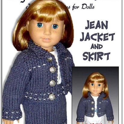 Doll knitting pattern. Fits American Girl Dolland 18 inch doll. Jean jacket and Skirt 012