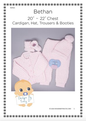 Bethan Pram Set 20 - 22" chest Cardigan, Trousers, Hat & Booties.