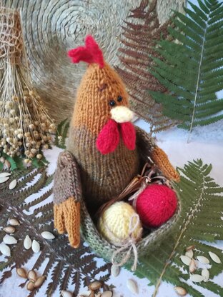 Toy knitting patterns, rustic chicken toy pattern, Easter amigurumi, knitted chicken with egg basket