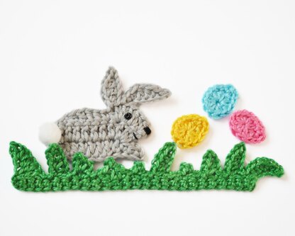 Bunny Applique. Rabbit on Grass. Crochet Spring Embellishment.