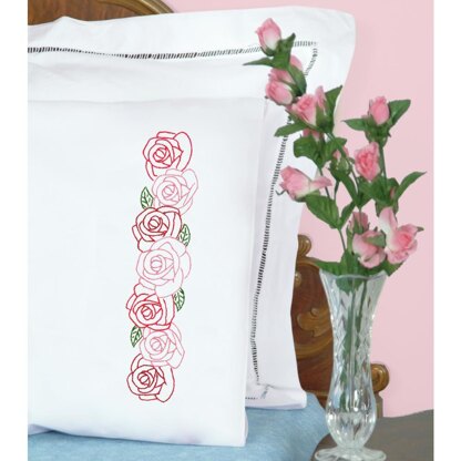 Jack Dempsey Stamped Pillowcases W White Perle Edge 2Pkg - Rose Garden