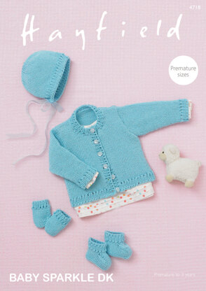 Cardigan, Bonnet, Bootees & Mittens in Hayfield Baby Sparkle DK - 4718 - Downloadable PDF