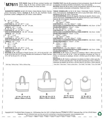 McCall's Misses' Lined Tote Bags with Contrast Variations M7611 - Paper Pattern Size One Size Only