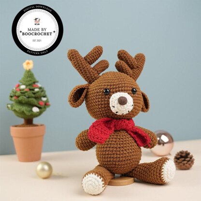 Brown Reindeer With Red Scarf Plush Toy Crochet Pattern