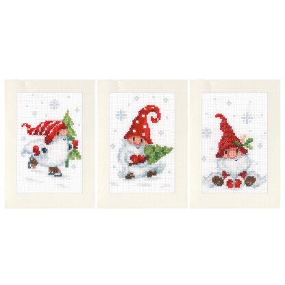 Vervaco Christmas Gnomes Set Of 3 Greeting Card Cross Stitch Kit - 10,5 x 15 cm