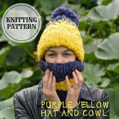 Purple Yellow Hat and Cowl - knitting pattern