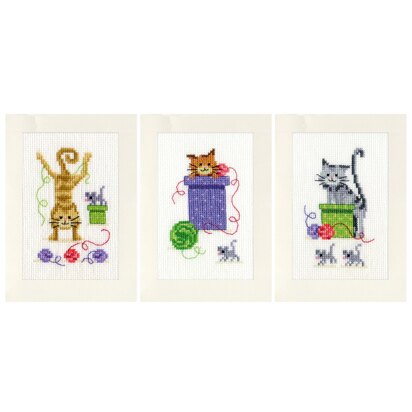 Vervaco Spielende Kätzchen Set mit 3 Grußkarten Kreuzstich-Stickset - 10,5 x 15 cm