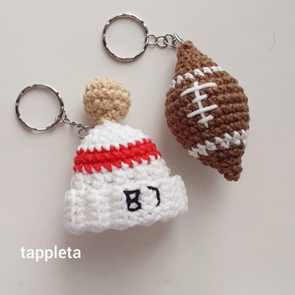 Football fan charm keychain crochet pattern, Rear view mirror car charm for swiftie, Red striped beanie hat 87, Taylor Travis love fan gift