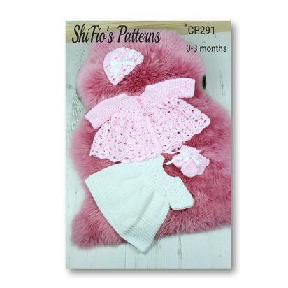 Crochet Pattern For Baby Matinee Jacket , Dress, Hat and Booties #291