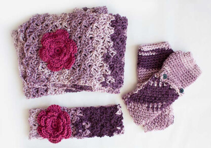 Cozy Posy Headband, Fingerless Gloves and Scarf Set in Caron Simply Soft & Simply Soft Ombre - Downloadable PDF